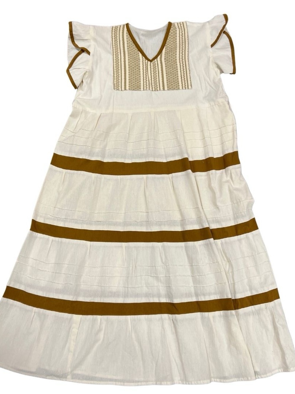 Women’s Cream Tiered Maxi Dress with Brown Trim
